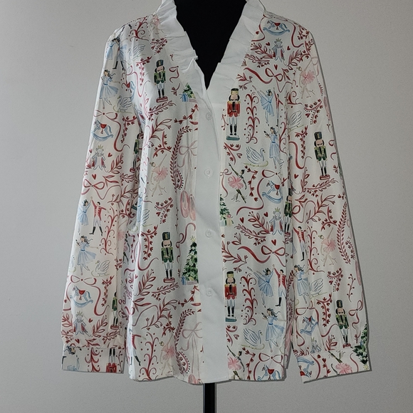 Jackets & Blazers - White Nutcracker Print Button-Front Women's Blouse